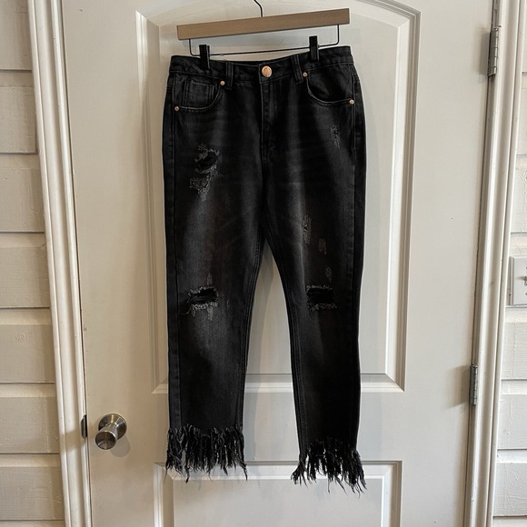Signature Denim - Signature8 Womens Black Jeans Medium Distressed‎ Frayed Fringe Hem